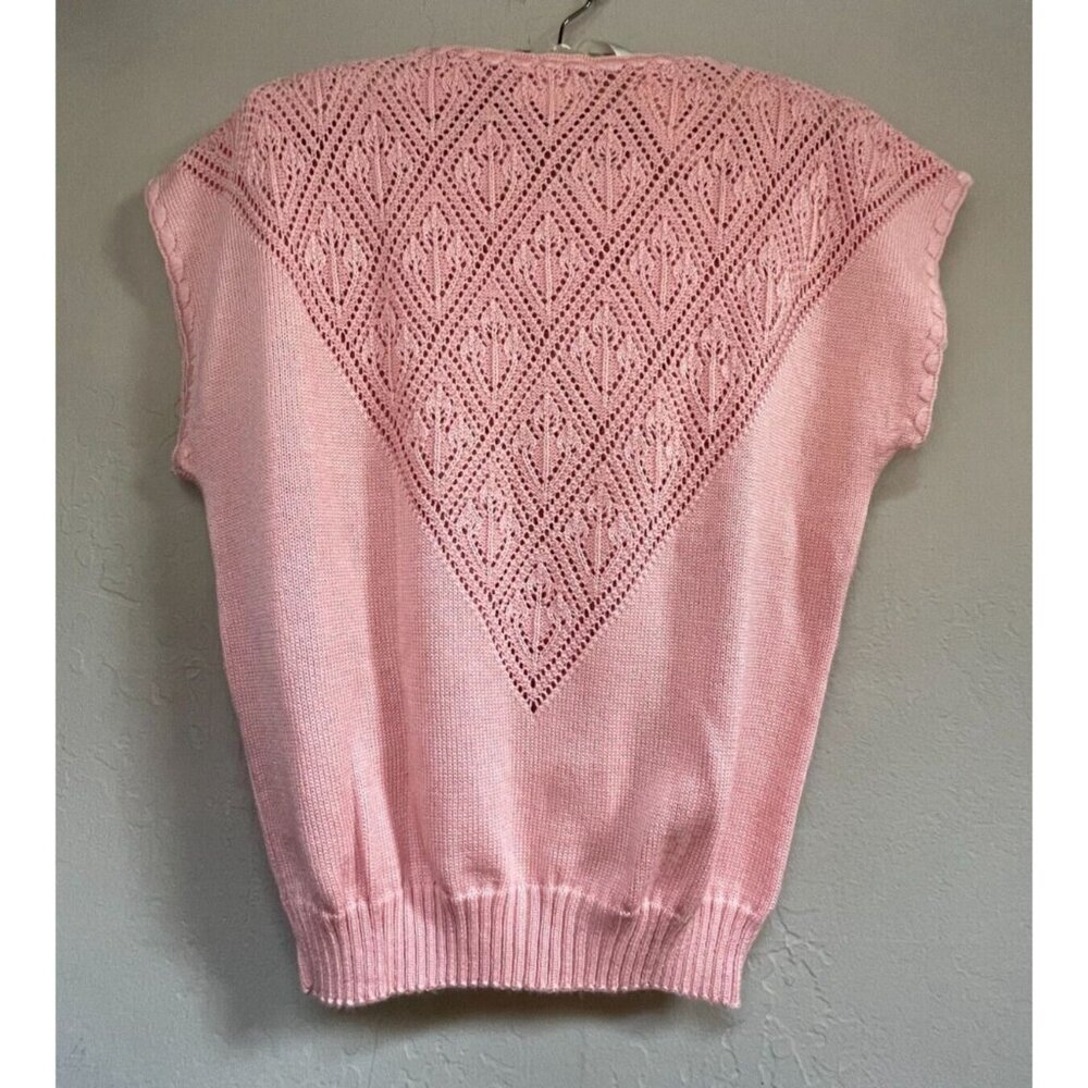 Vintage T. R. Bentley Short Sleeve Embroidered Knit Sweater Pullover Pink Beachy - Picture 2 of 8